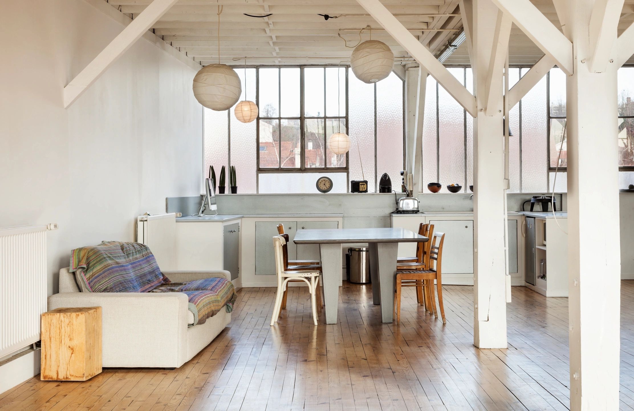 Modern loft interior open plan kitchen living area