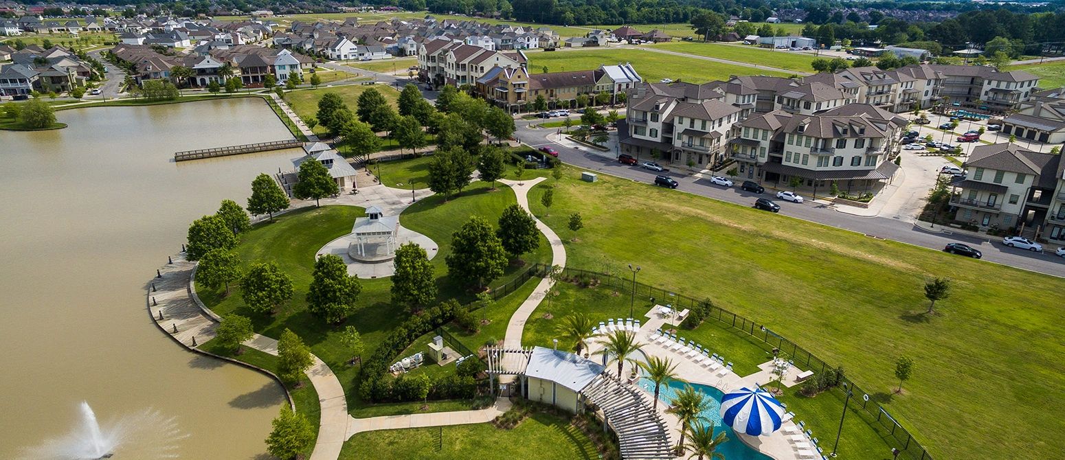 Aerial view suburban community waterfront