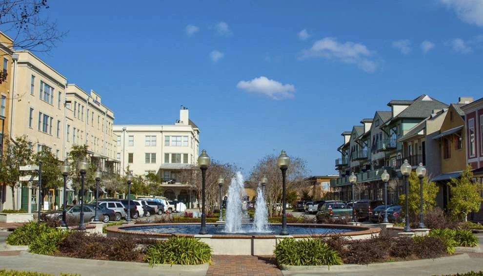 Town square plaza fountain historic buildings
